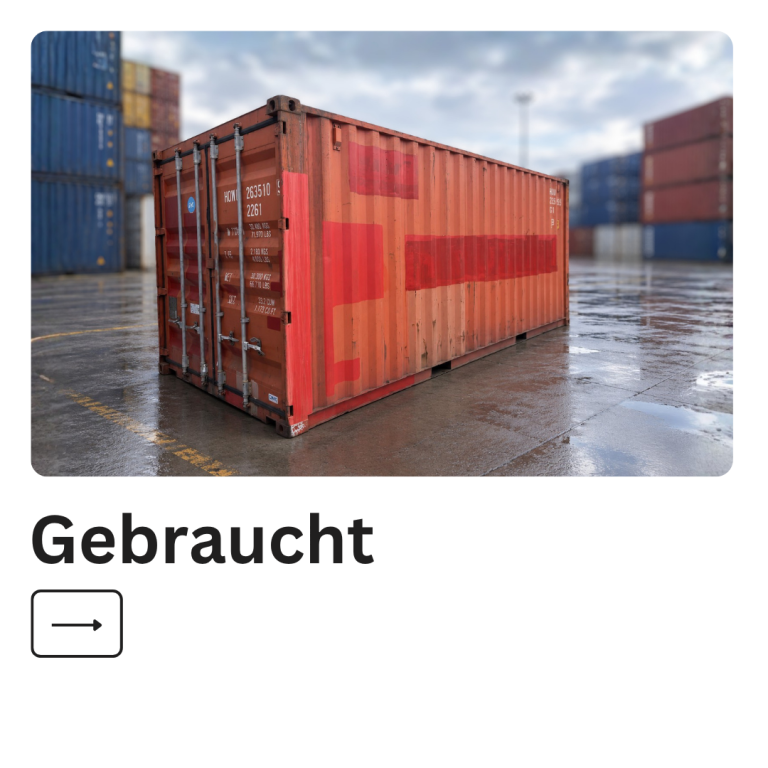 Gebrauchtcontainer Seecontainer Lagercontainer Roter, gebrauchter Container in einem Lager mit anderen Containern im Hintergrund.