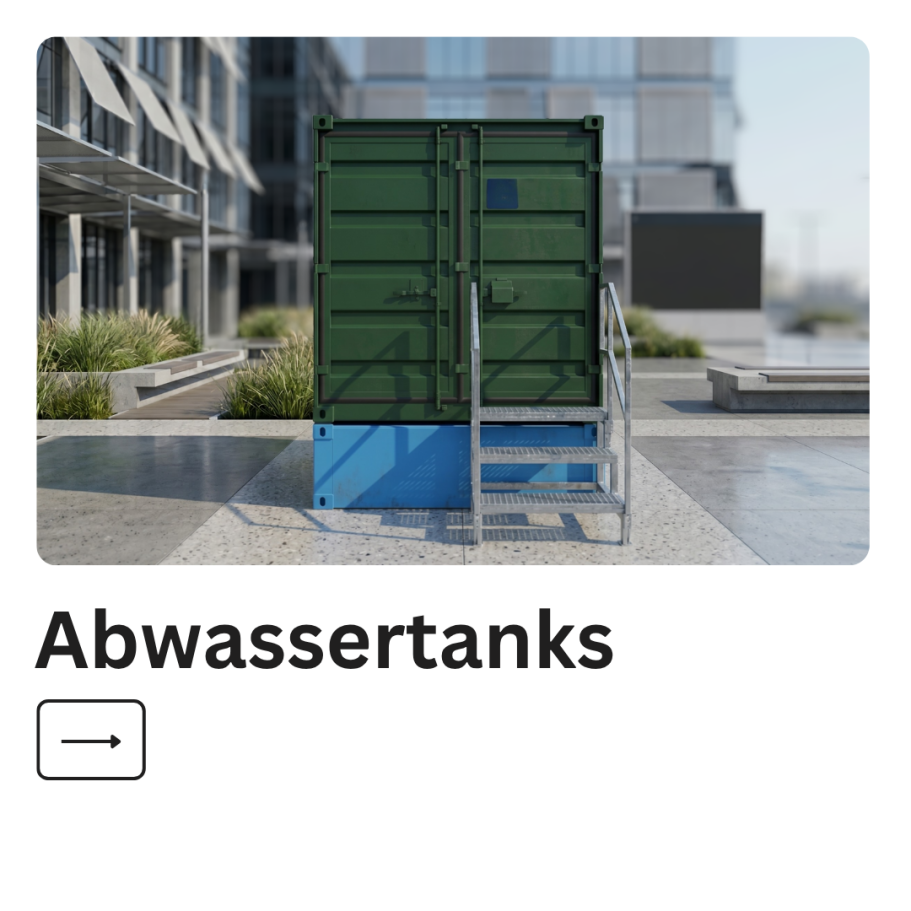 Grüner Abwassertank mit blauer Basis in einem modernen städtischen Umfeld.